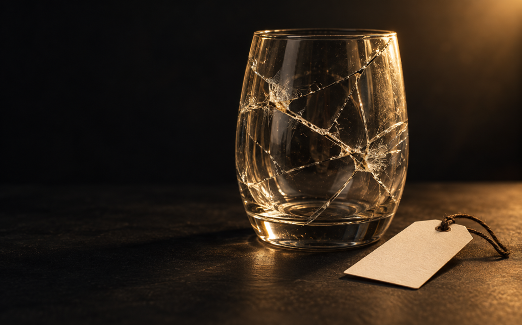 A badly cracked glass tumbler that is still holding its shape, with a blank tag beside it, representing that a relationship can be abusive without a formal NPD diagnosis attached