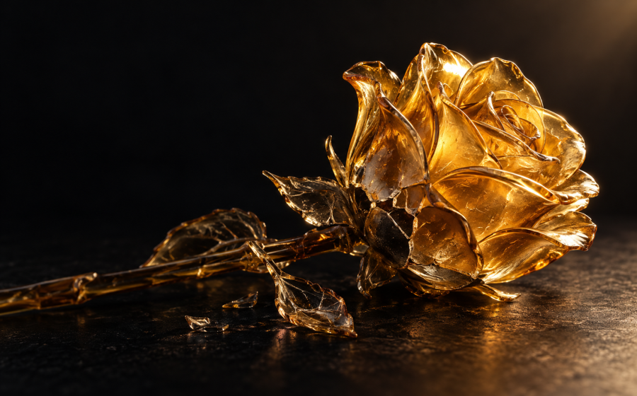 An ornate golden glass rose glowing with light, with small broken fragments scattered at its base, representing remembering only the good times after an abusive relationship