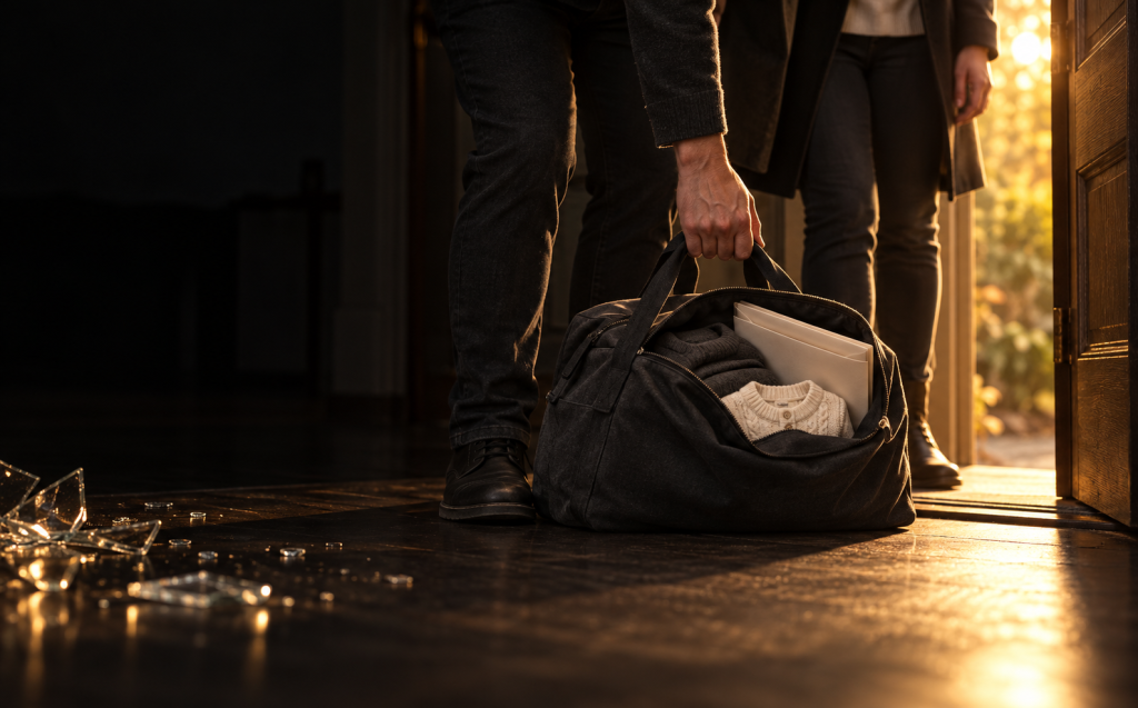 A man carrying a packed bag of clothing and documents past broken glass toward an open, sunlit doorway, with another person waiting beyond, representing retrieving belongings after an abusive relationship