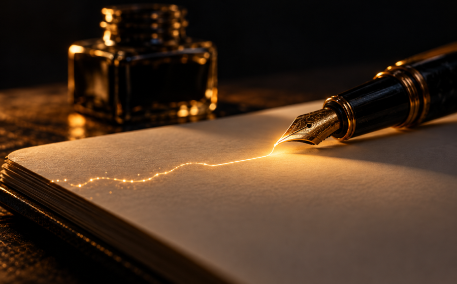 A fountain pen draws a delicate golden thread across blank paper beside a dark inkwell.