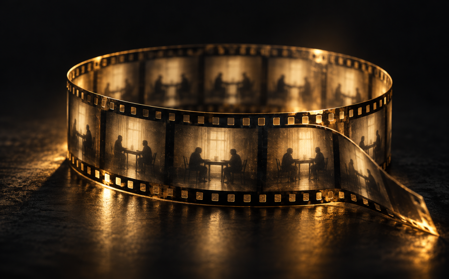 A coiled film strip repeating the same silhouetted scene of two people at a table across every frame, representing the mental replay of the same memory after abuse