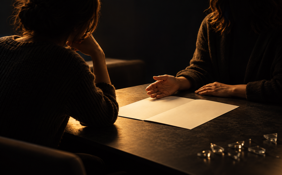 Two women at a table with a blank open notebook between them and scattered broken glass nearby, one reaching toward the page, representing starting a safety plan in an abusive relationship
