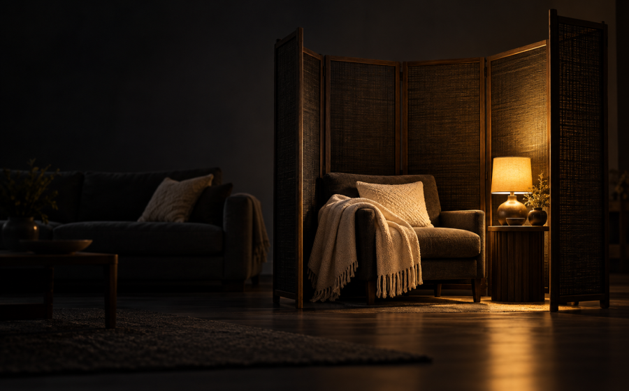 A warmly lit armchair with a blanket set apart by a privacy screen in a dark shared living room, representing a personal boundary carved out while still living with a narcissist