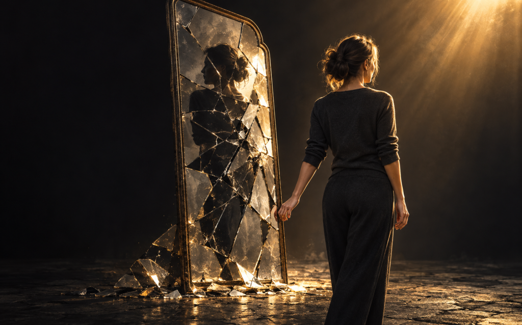 A woman standing before a shattered mirror that still shows her whole reflection intact behind the cracks, symbolizing that shame from abuse does not define her true identity