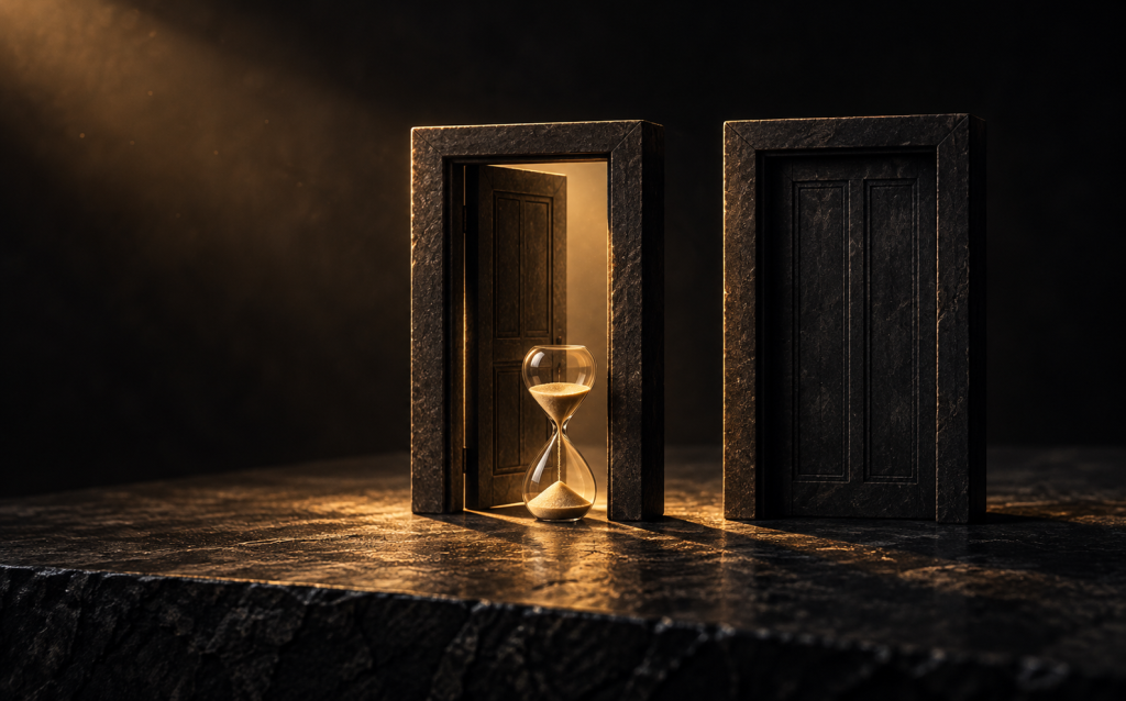 Two stone doorframes side by side, one open to warm light with an hourglass inside and the other shut completely dark, representing the difference between silent treatment and taking a break, communication or control