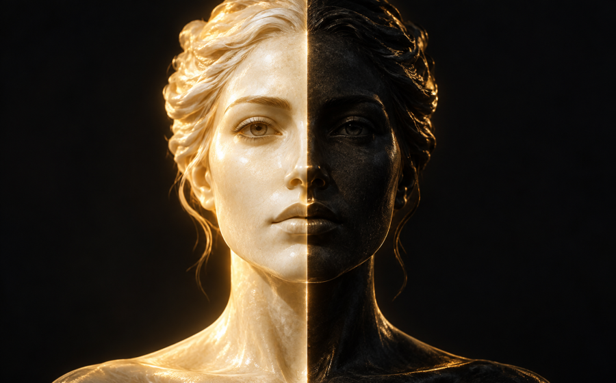 A single face split exactly down the middle, one half glowing gold and the other carved entirely in black, representing splitting's all-good or all-bad view of the same person