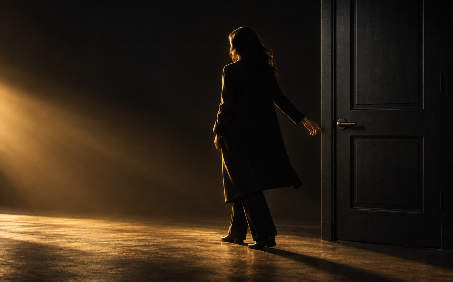A woman reaching for the handle of a closed dark door while warm light spills across the floor behind her, representing still wanting the person who hurt you to understand