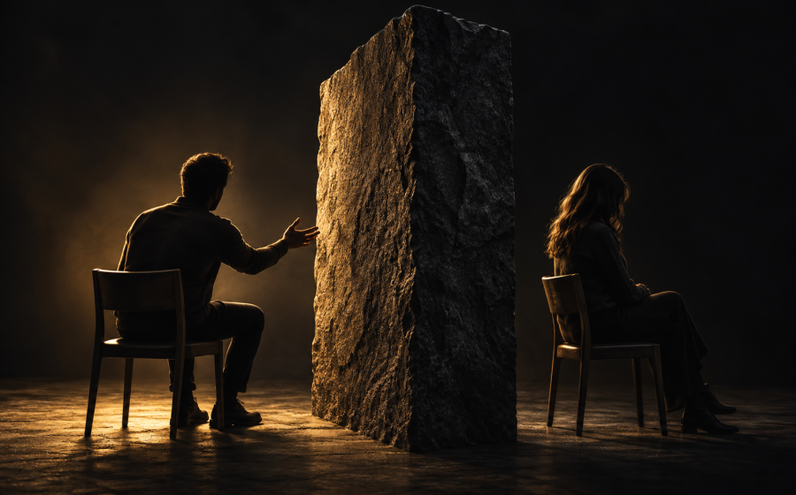 A man reaching his hand toward a large solid stone slab that separates him from a woman seated with her back turned on the other side, representing stonewalling shutting down communication