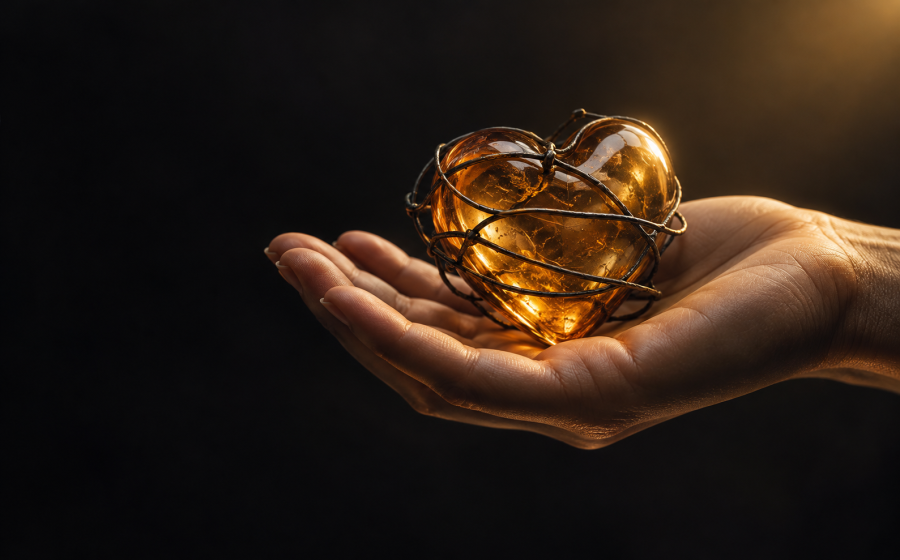 An open hand catching a single golden drop falling from an old metal spigot, representing how to support someone who is struggling with a trauma bond