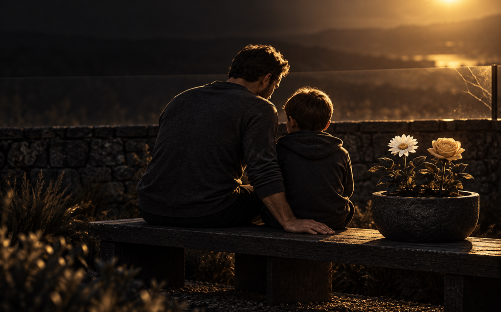 A father and son sitting close together on a bench overlooking a sunset landscape, representing supporting a child who feels caught between parents