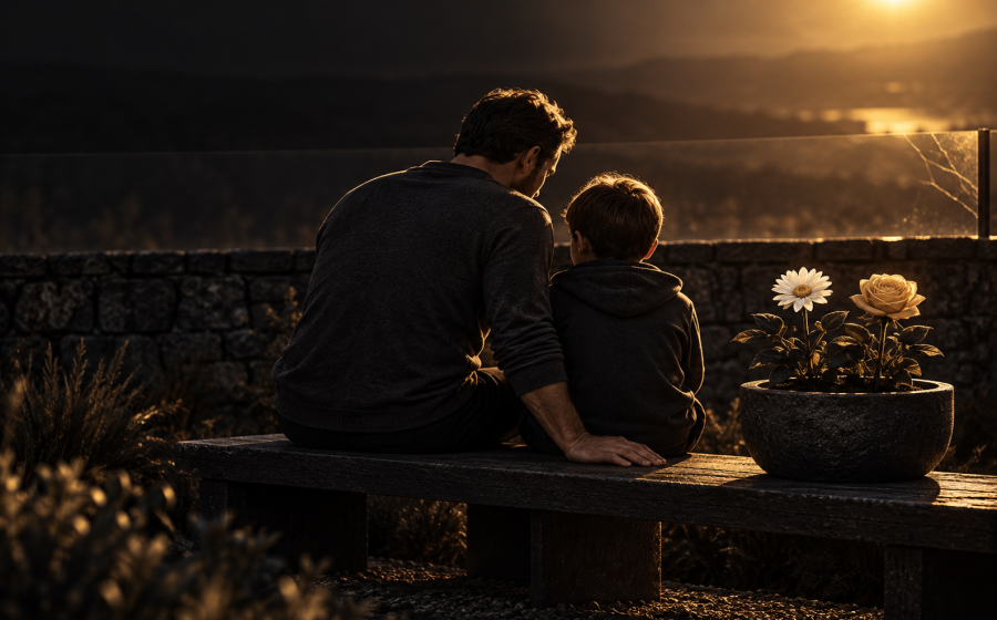 A father and son sitting close together on a bench overlooking a sunset landscape, representing supporting a child who feels caught between parents