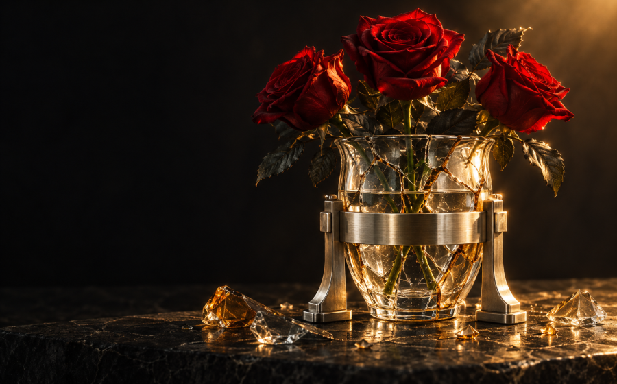 Three red roses standing upright in a cracked glass vase reinforced with a metal brace, surrounded by broken glass shards, representing supporting a survivor while a boundary holds the relationship together