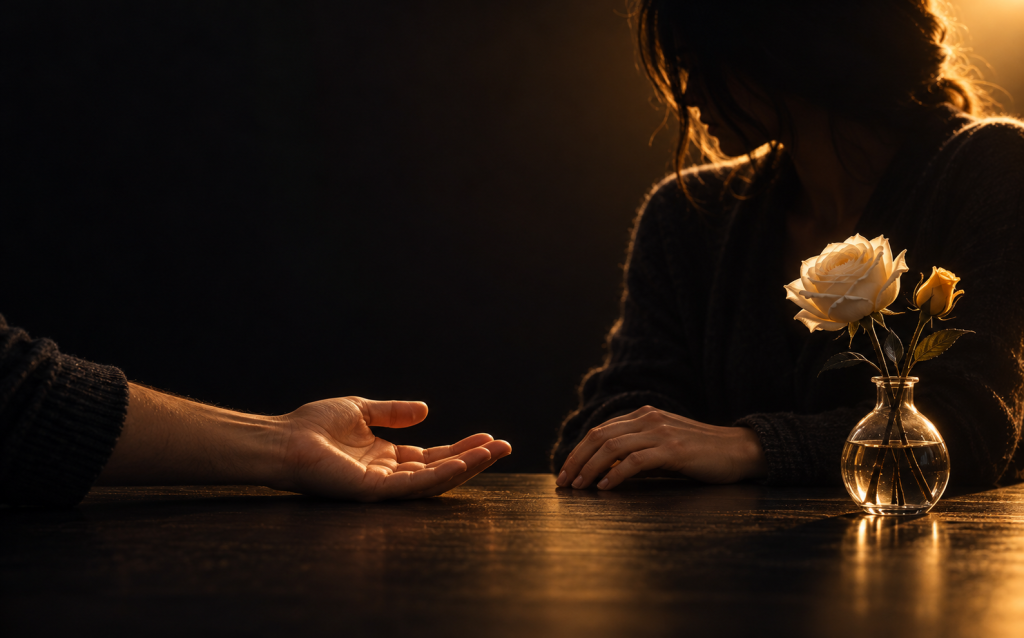 One open hand reaching out warmly toward another seated person, beside a rose in a vase, representing a friend or family member offering support to someone experiencing emotional abuse