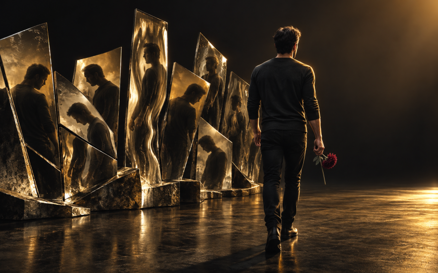 A man walking away from a row of jagged, light-filled broken mirror shards reflecting distorted figures, carrying a single red flower toward a calmer light, representing walking away from a smear campaign's distortions