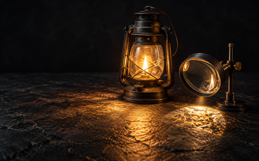A glowing oil lantern beside a magnifying glass held up to examine a small flame, representing what a survivor can explain from lived experience, and what requires clinical expertise