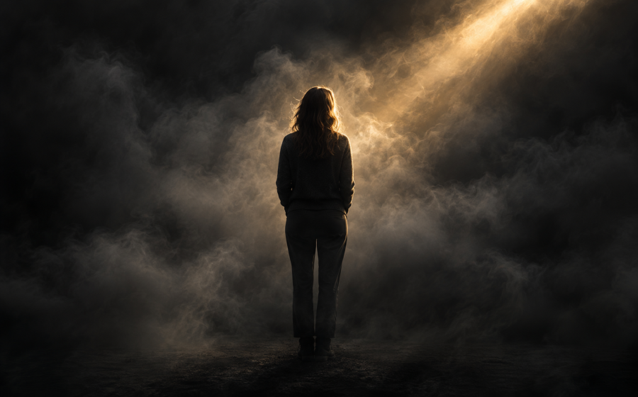 A woman standing still inside thick swirling fog with a single shaft of light cutting through the haze beside her, representing the confusion and disorientation often called "the fog" after narcissistic abuse