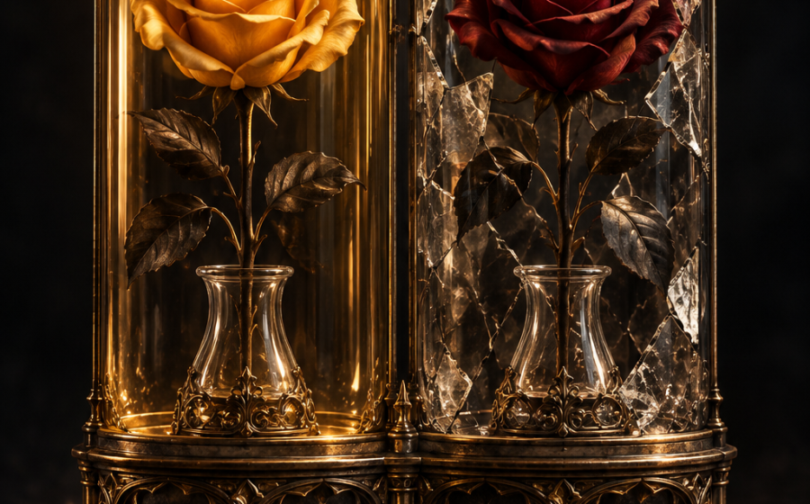 Two matching ornate glass domes side by side, one smooth and golden holding a golden rose, the other cracked and fractured holding a dark red rose, representing the golden child and scapegoat roles in a narcissistic family