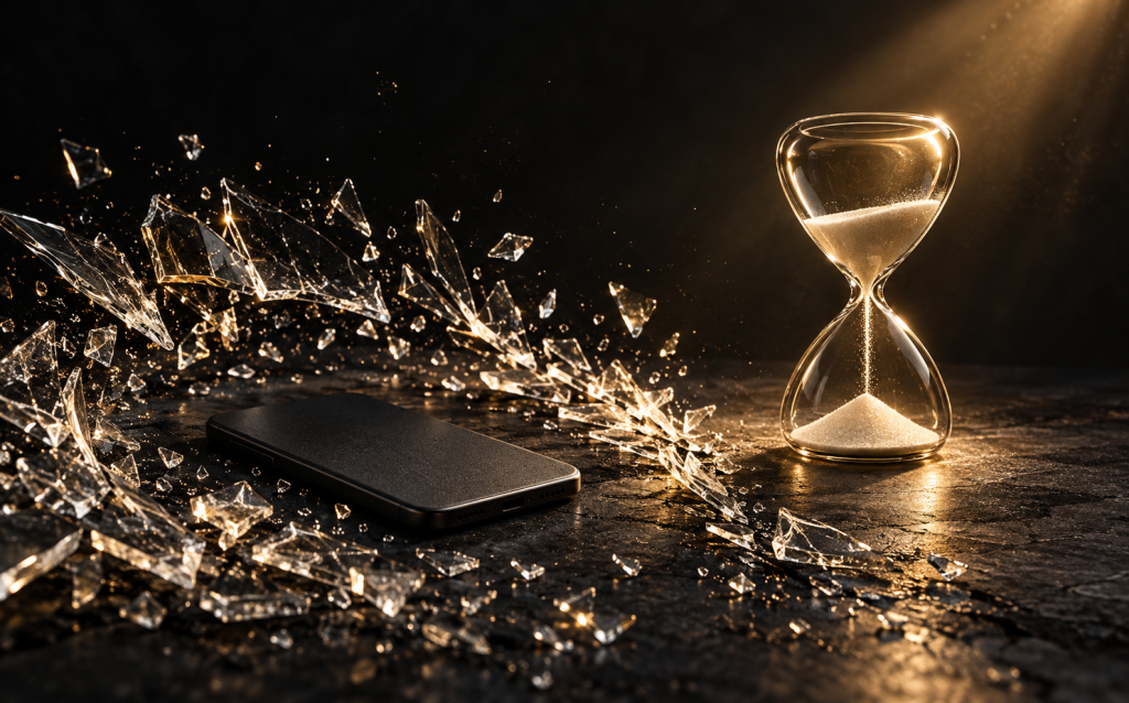 A smartphone lying among shattered glass beside a glowing hourglass, representing the pressure of late-night calls and constant availability demands