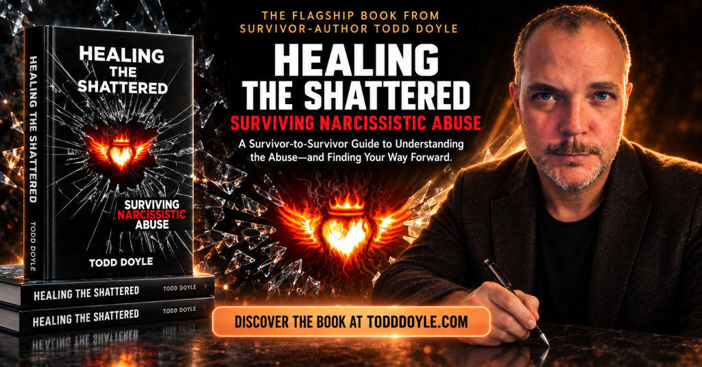 Todd Doyle, author of Healing the Shattered: Surviving Narcissistic Abuse, holding his book — a survivor-to-survivor guide to healing from narcissistic abuse
