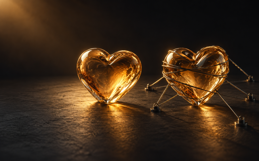 Two glass hearts side by side, one glowing freely and the other bound and tethered to the ground by wire, representing trauma bond versus love and questions to consider without judging yourself