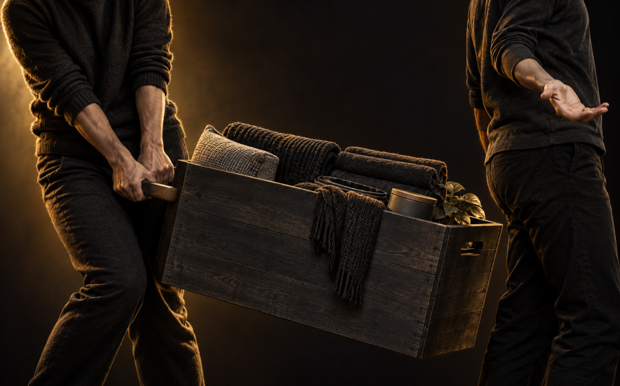 One man straining to carry a heavy loaded crate alone while another man stands nearby with an empty, upturned hand, representing weaponized incompetence shifting all the real work onto someone else