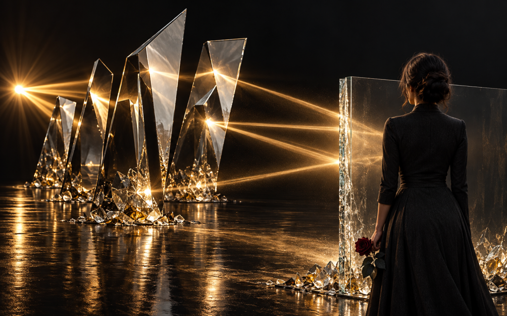 A man walking past a row of tall glass panels each reflecting multiple echoing silhouettes of the same figure, representing the repeated, amplified messages flying monkeys carry on behalf of a narcissist