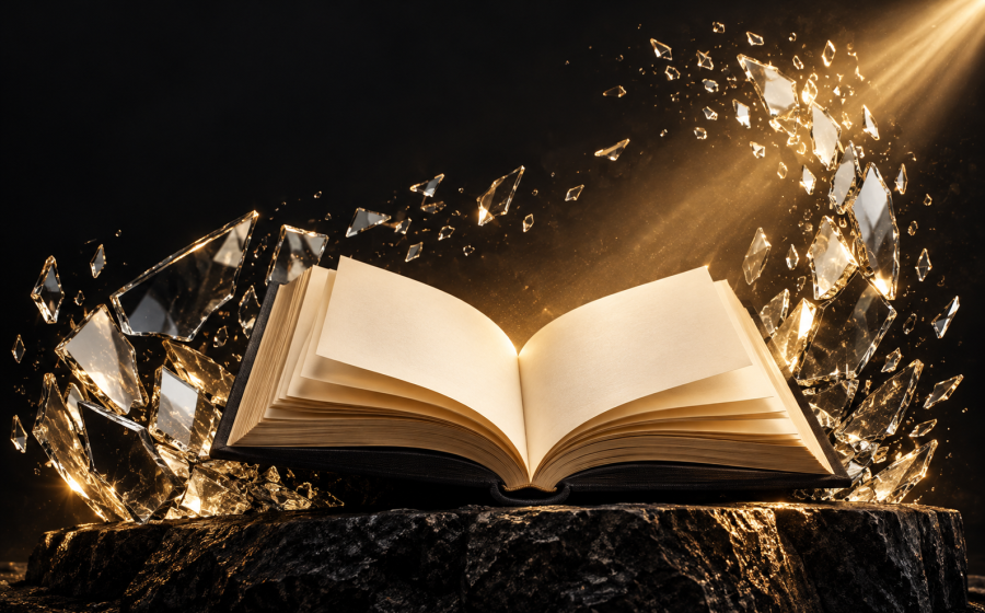 An open book with blank glowing pages surrounded by swirling shards of golden, light-filled broken glass rising into the air, representing the themes covered in the book Healing the Shattered