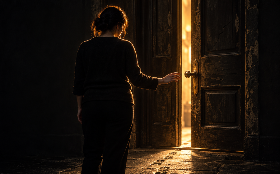 A woman reaching toward the handle of an old, slightly open wooden door with warm light and footprints leading through it, representing being drawn back in by a reverse hoover