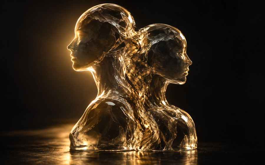 Two translucent glass human busts fused together at the back with swirling material flowing between them, representing enmeshment where personal boundaries dissolve into each other