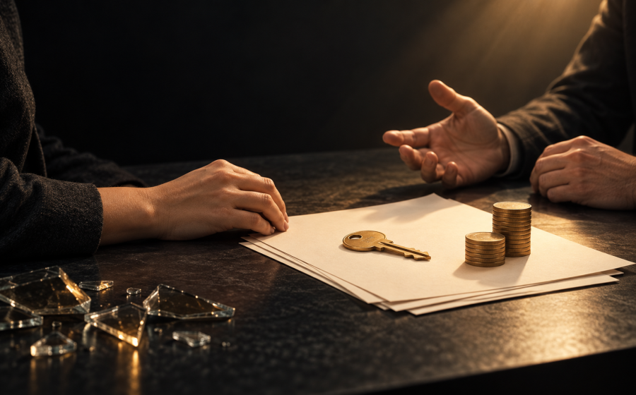 Two people at a table discussing papers with a house key and stacks of coins resting between them, representing questions to ask a lawyer about separation, housing, and shared finances