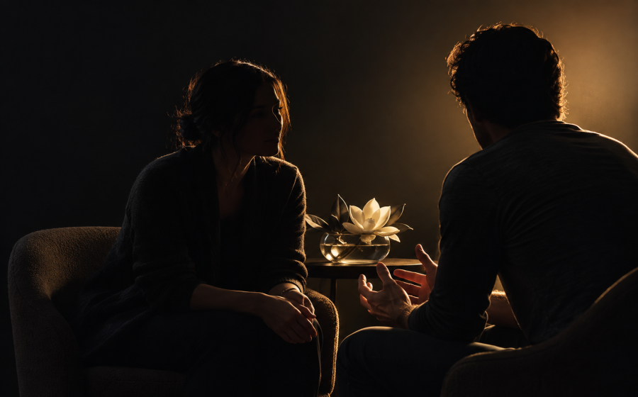 A man listening closely and gesturing gently while a woman speaks in a quiet, warmly lit conversation beside a single white lotus flower, representing what to say when someone tells you they are being abused
