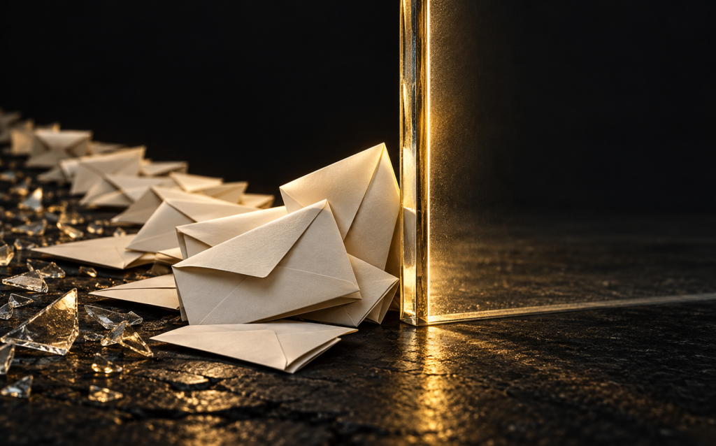 A row of folded paper notes piling up against a glowing glass barrier, symbolizing unwanted messages from an ex being stopped at a boundary