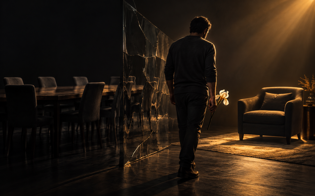 A man walking away from a shattered glass partition holding a single flower, leaving a family dining table behind for a quieter, softly lit room, representing finding support without needing to win everyone over