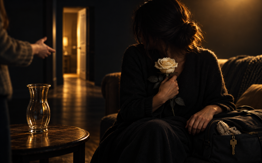 A woman sitting on a couch holding a white rose close to her face with a packed bag and keys beside her, while another person gestures toward the door from across the room, representing why "just leave" oversimplifies a complicated decision