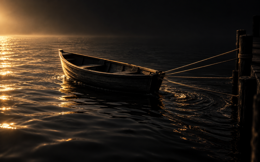 A small wooden rowboat tied tightly to a dock by rope on dark water, representing why someone may return to an abusive relationship even after leaving