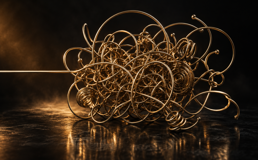 A single straight golden wire entering a dense, chaotic tangle of looping wire, representing how a straightforward question dissolves into word salad when arguing with a narcissist
