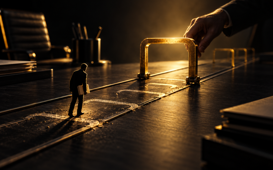 A hand moves a brass arch along rails on an office desk while a miniature worker holding a folder stands behind it.