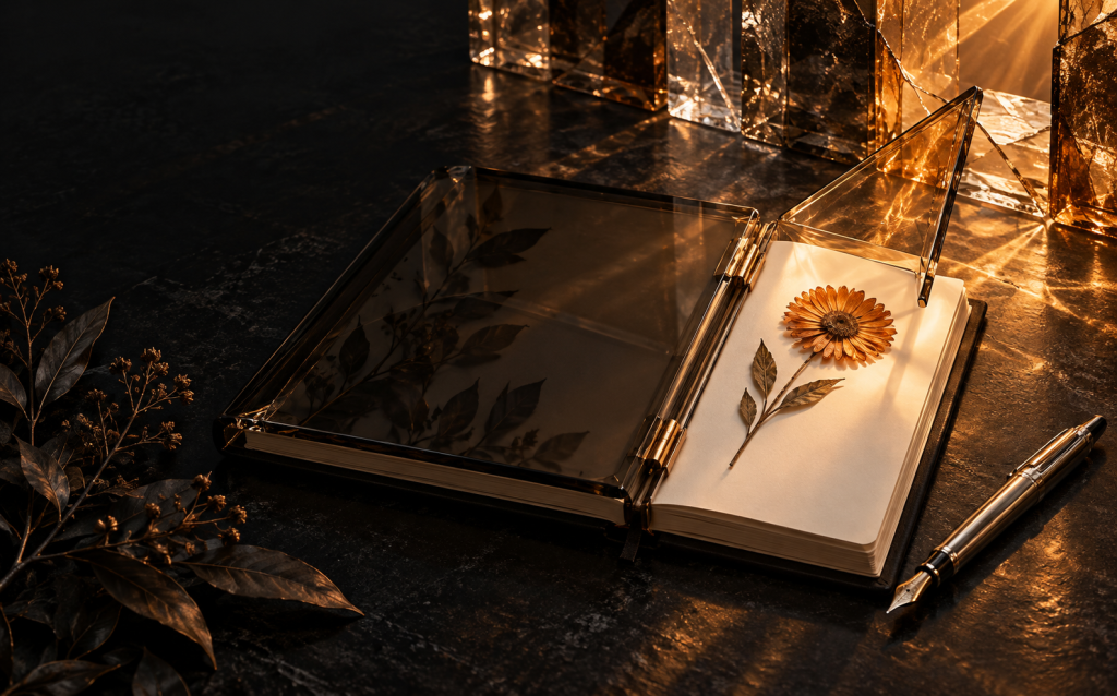 An open journal with one blank page and one page holding a single pressed flower and a pen resting beside it, representing writing about abuse by choosing what to include and what to leave blank